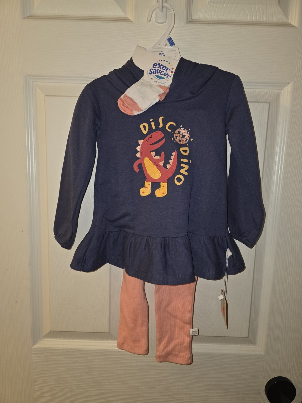 Kids' Exer Saucer Navy 'Disc Dino' Hoodie with Peach Leggings and Socks - 24 M